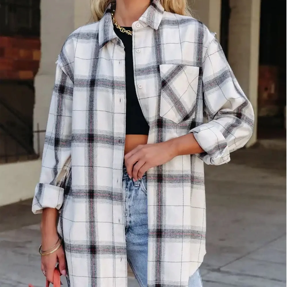 La Miel Frayed Plaid Button Down Oversized Flannel Top Shirt White Combo - Picture 4 of 9